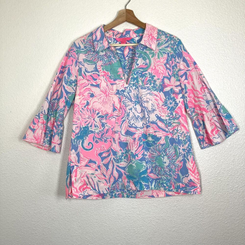 Lilly Pulitzer Floral Shirt Womens Medium Pink Blue Sea Life Bell Sleeve Tunic